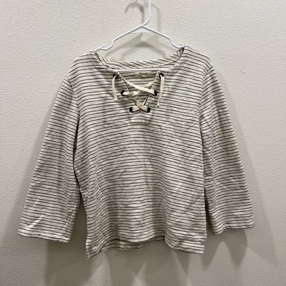 Madewell Lace Up Pullover Nautical Cream Navy Stripes Cotton Sweater Large